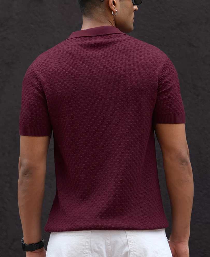 Wine Knitted Regular Fit Half Sleeves T-Shirt - Image 4