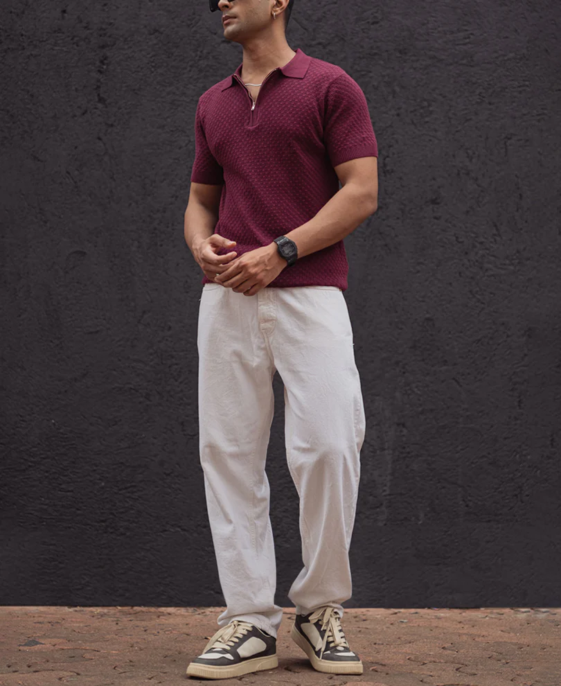 Wine Knitted Regular Fit Half Sleeves T-Shirt - Image 5